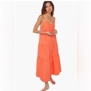 Vibrant Orange Spaghetti Strap Midi Dress